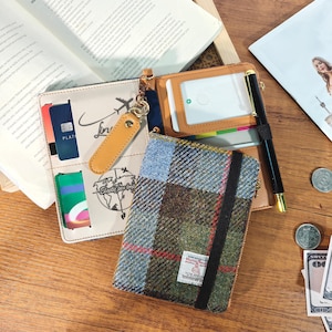 Embroidered fabric passport holder made from Harris Tweed cloth,RFID blocking,custom travel clip holds cards/passports/cash/pens,travel gift