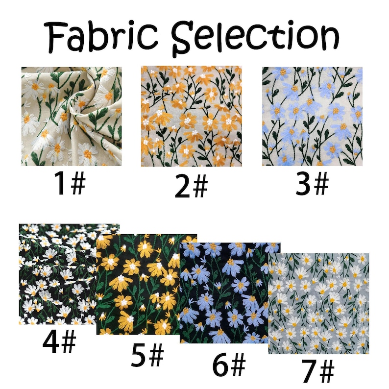 May include: Seven fabric swatches with different floral patterns. The swatches are labeled with numbers 1 through 7. The patterns include white daisies on a beige background, yellow daisies on a beige background, blue daisies on a beige background, white daisies on a black background, yellow daisies on a black background, blue daisies on a black background, and white daisies on a gray background.