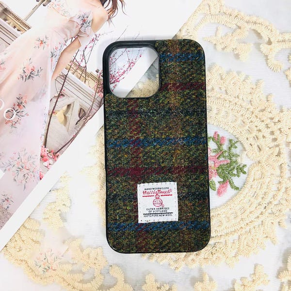 Bestickte Handyhülle aus Harris Tweed-Stoff für iPhone Duo 18 17 16 15 14 13 Pro Max, Samsung S26 S25 S24, Google 11 10 9 8 Pro