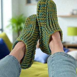 Lime and Blue Crochet Slipper Socks.