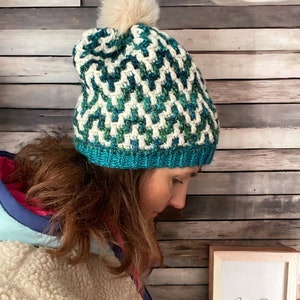 Crochet Mosaic Bobble Hat, Green & Blue Beanie, Handmade Winter Hat