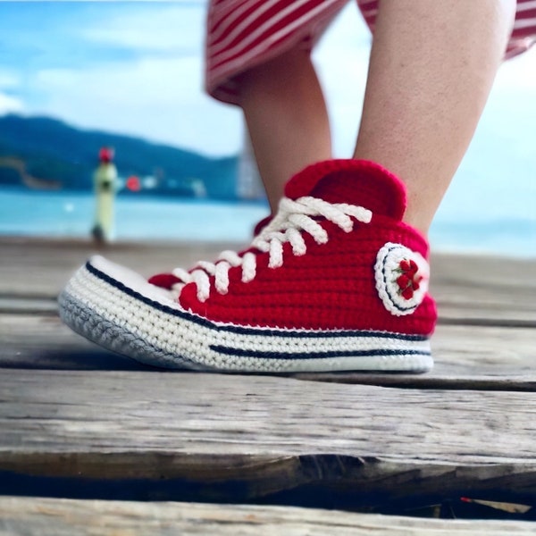 Red Crochet Sneakers Slippers / High Top Sneaker Slippers / Sofa socks.