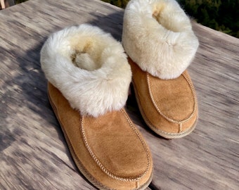 Tan Sheepskin High Boots / Real Leather Slippers