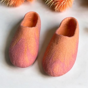 May include: A pair of pink and orange wool slippers. The slippers have a marbled pattern and are made of felted wool.