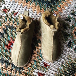 Olive Green Sheepskin Boots / Real Leather Slippers - Etsy UK