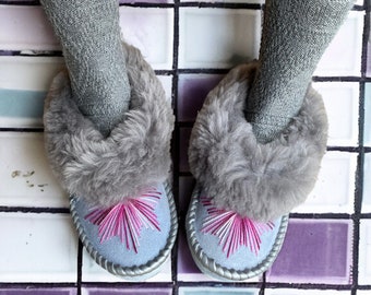 Silver Grey Embroidered Sheepskin Slippers