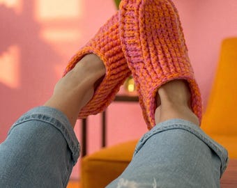 Pink & Orange Crochet Slipper Socks.