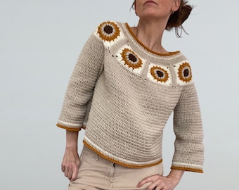 Crochet Sunflower Granny Square Sweater.