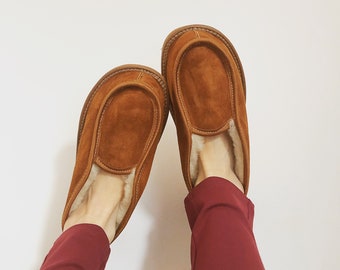 Unisex Cinnamon Sheepskin Boots / Real Leather Slippers.