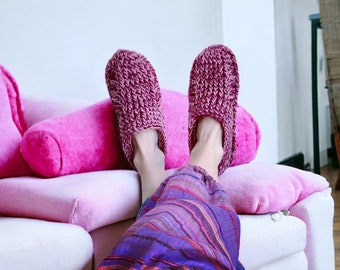 Raspberry Slipper Socks / Knit Socks Slippers / Handmade Crochet Slippers.