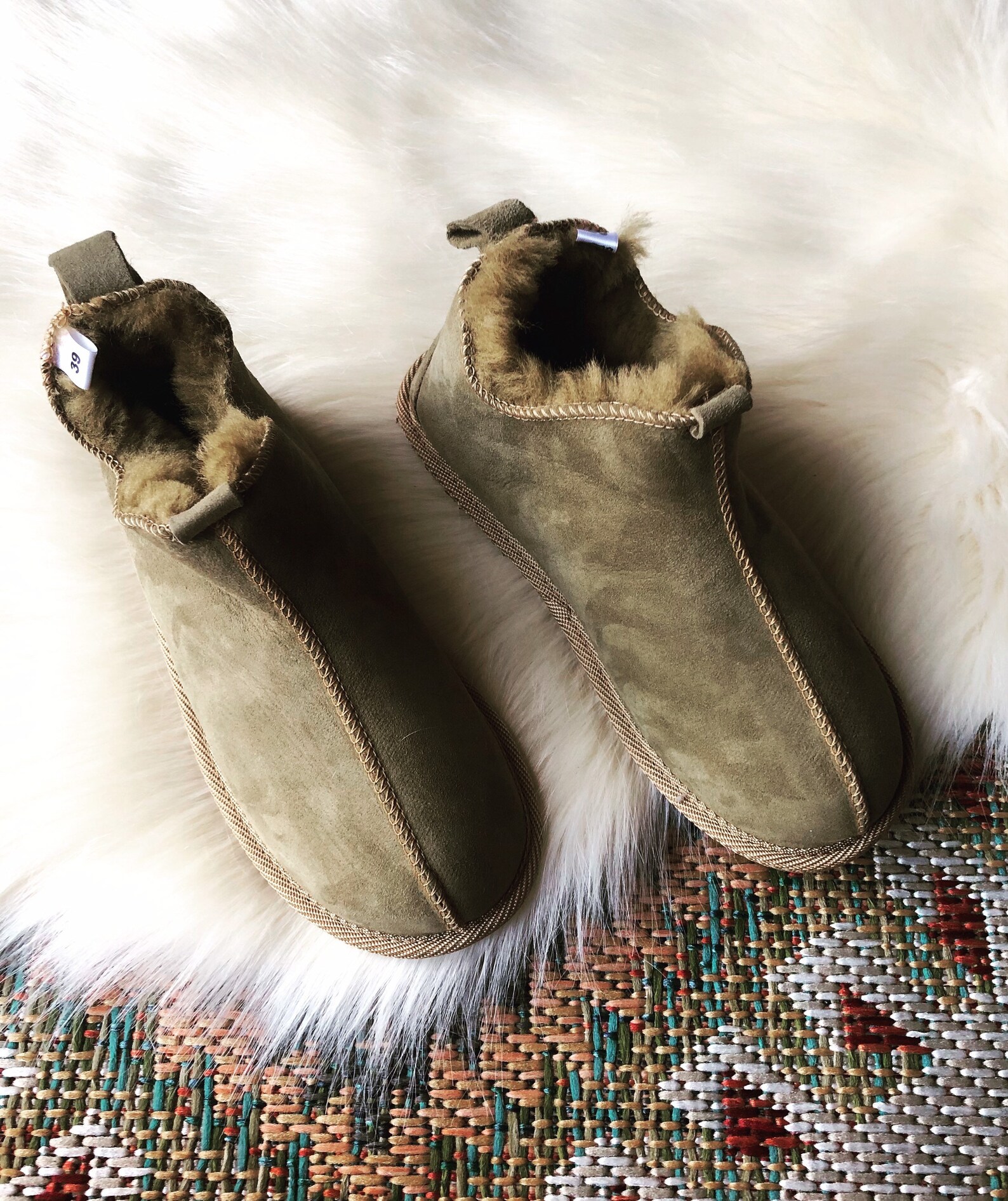 Olive Green Sheepskin Boots / Real Leather Slippers - Etsy UK