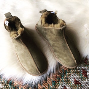 Olive Green Sheepskin Boots / Real Leather Slippers