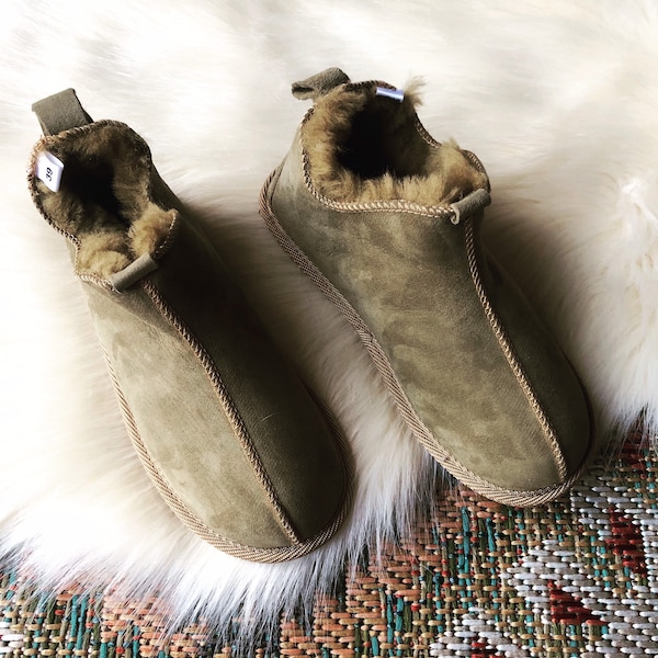 Olive Green Sheepskin Boots / Real Leather Slippers