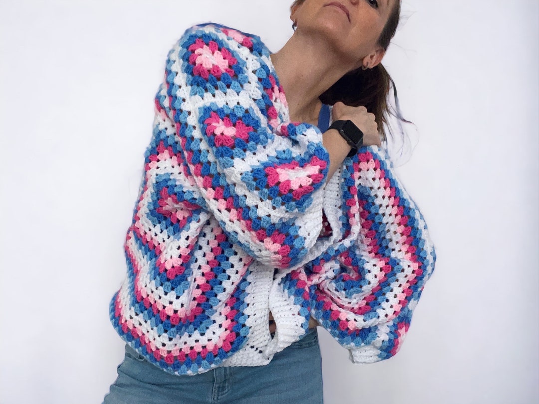 Vintage Boho Oversized Cropped Crochet Granny Square Cardigan