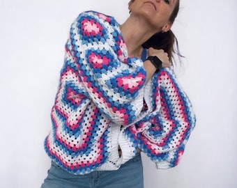 Crochet Boho Oversized Cardigan / Granny Square Sweater.