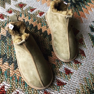 Olive Green Sheepskin Boots / Real Leather Slippers - Etsy UK