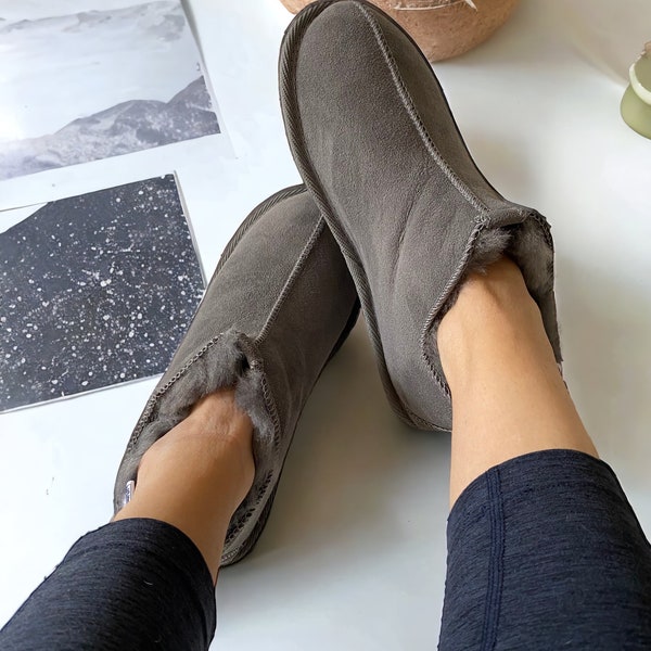 Grey Sheepskin Boots / Real Leather Slippers