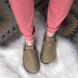 Felted Wool Cork Clogs in Khaki / Clog Sandals / Felt Mules.