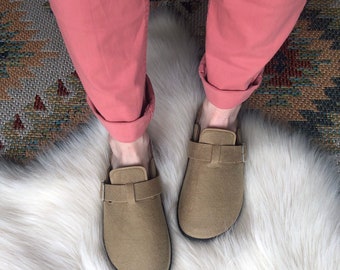 Felted Wool Cork Clogs in Khaki / Clog Sandals / Felt Mules.