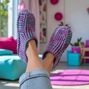 Magenta & Cyan Crochet Slipper Socks.