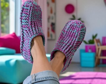 Magenta & Cyan Crochet Slipper Socks.