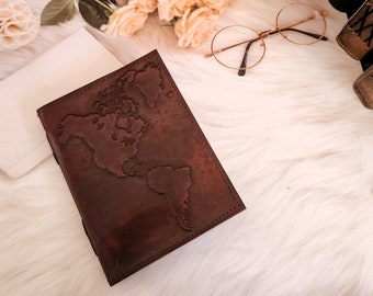 World Map Embossed Leather Journal, Brown Journal, Sketchbook, Notebook, Dream Journal, Wedding Gift, Leather Dairy, Personalized Gift 7*5.