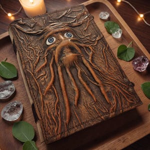 May include: A brown leather journal with an embossed face design and blue eyes. The cover features a detailed, textured relief of a face with root-like tendrils. The journal is on a wooden tray with crystals and leaves.