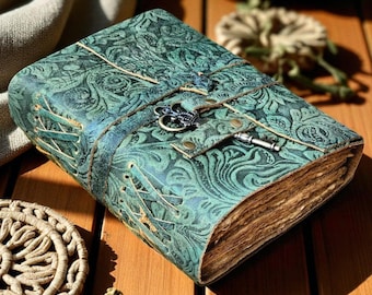 Green Floral Leather Journal, Deckle Edge Dream Diary, Personalized Gift