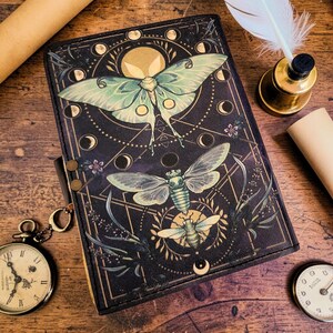 Puede incluir: Un diario azul oscuro con un dise&ntilde;o de polilla e insectos. La portada presenta una gran polilla con alas verdes y un insecto m&aacute;s peque&ntilde;o debajo, rodeados de elementos celestiales. Tambi&eacute;n se ven un reloj de bolsillo y un tintero.