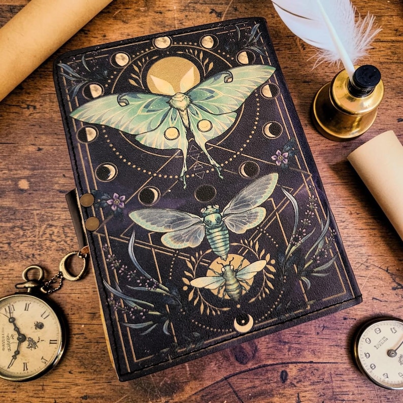 Puede incluir: Un diario azul oscuro con un dise&ntilde;o de polilla e insectos. La portada presenta una gran polilla con alas verdes y un insecto m&aacute;s peque&ntilde;o debajo, rodeados de elementos celestiales. Tambi&eacute;n se ven un reloj de bolsillo y un tintero.