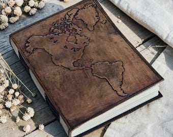 World Map Embossed Leather Journal 7x5 Travel Diary Sketchbook Handmade Leather Notebook Brown Grey 200 Pages Gift for Traveler