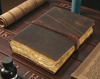 Vintage Look Lederbuch 100%Recycled Paper Journal, Für Notizen,Notizbuch,Skizzenbuch,Tagebuch,handgemachtes Buch 200 Deckle Page