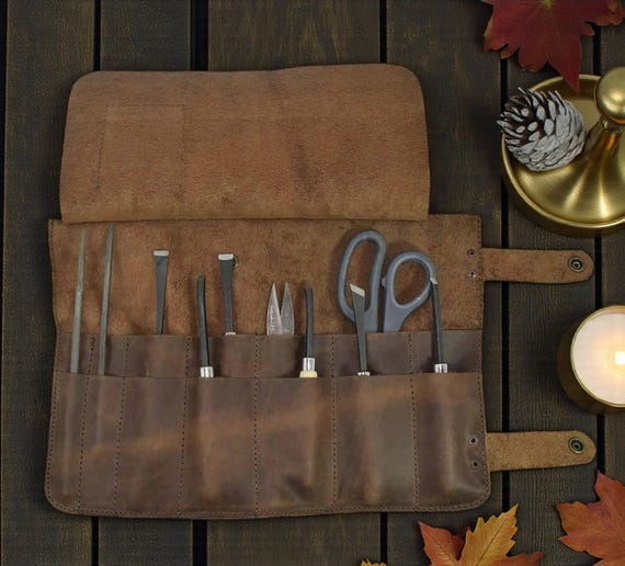 Handmade Full Grain Leather Tool Roll Up, Bourbon Brown