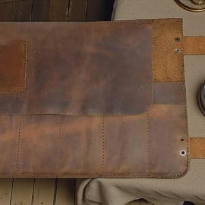 ハンドメイドフルグレインレザーツールロールアップ、バーボンブラウン 画像 7