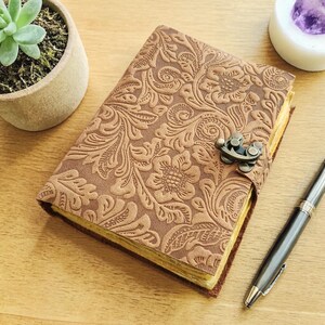 Embossed Leather Journal, Deckle Edge Diary, Travel Sketchbook
