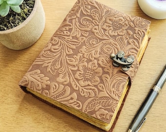 Embossed Leather Journal, Deckle Edge Diary, Travel Sketchbook
