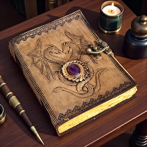 Double Dragon Embossed Leather Journal, Vintage Notebook, 200 Page Travel Diary