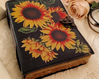 Diario de cuero con diseño de girasol, pintado a mano, regalo de boda