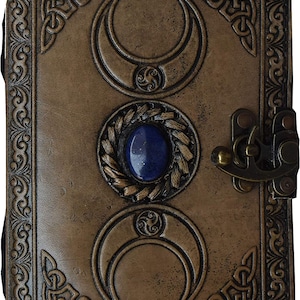 Diario in pelle con cristalli Charcol Triple Moon • Libro delle ombre degli incantesimi delle streghe • Carta con bordo frastagliato • Regali per chakra spirituali