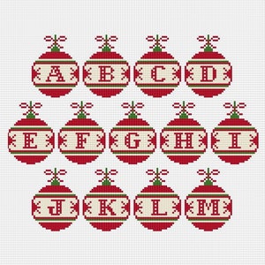 Padrão de ponto cruz do alfabeto de Natal, Padrão de bordado à mão de bolas de Natal, Letras de monograma, Fonte de ponto cruz