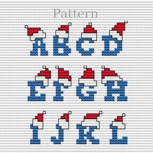 Christmas alphabet chart cross stitch pattern, Blue Christmas cross stitch letters, Initial monogram fonts