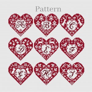 Christmas heart cross stitch alphabet pattern, Christmas monogram letters, ABC chart