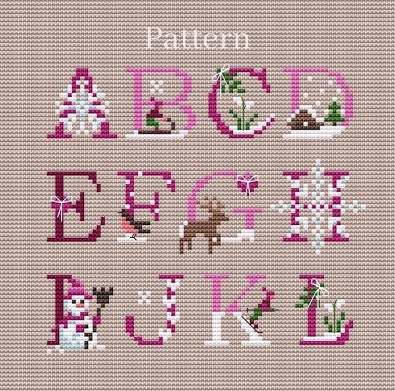 Christmas alphabet cross stitch pattern for initial ornament with monogram letters and numbers