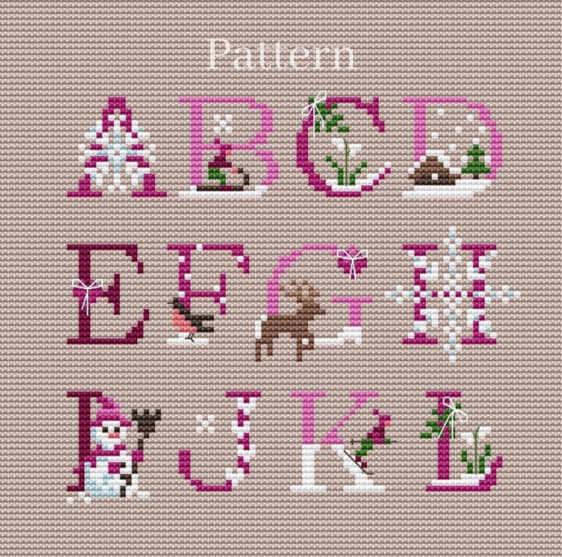 Christmas alphabet cross stitch pattern, Monogram letters and numbers for initial ornament