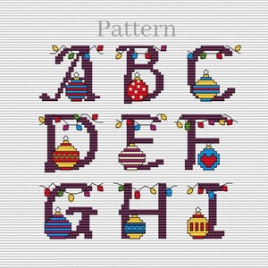 Christmas alphabet cross stitch pattern, Purple cross stitch letters, ABC chart for initial monogram