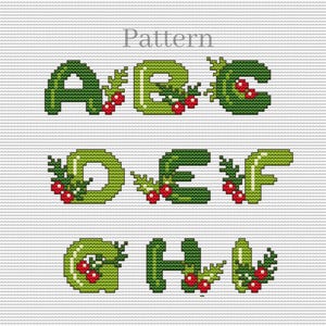 Christmas alphabet cross stitch pattern, Monogram letters with small berries, Initial alphabet font