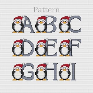 Christmas alphabet cross stitch pattern, Small penguin pattern, Christmas monogram letters