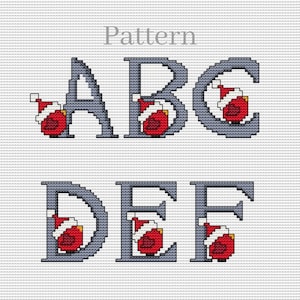 Christmas alphabet cross stitch pattern, Monogram letters, ABC chart with small cardinal