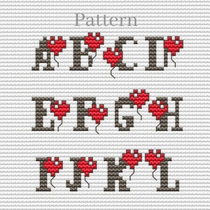 Cross stitch fonts, Heart alphabet cross stitch pattern, Cross stitch letters, Cross stitch numbers
