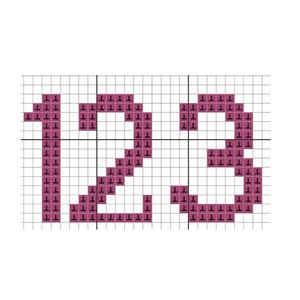 May include: Cross-stitch pattern featuring the numbers 1, 2, and 3. The numbers are rendered in a deep pink hue against a grid background. Each number is composed of small, individual cross-stitch squares, creating a textured effect.
